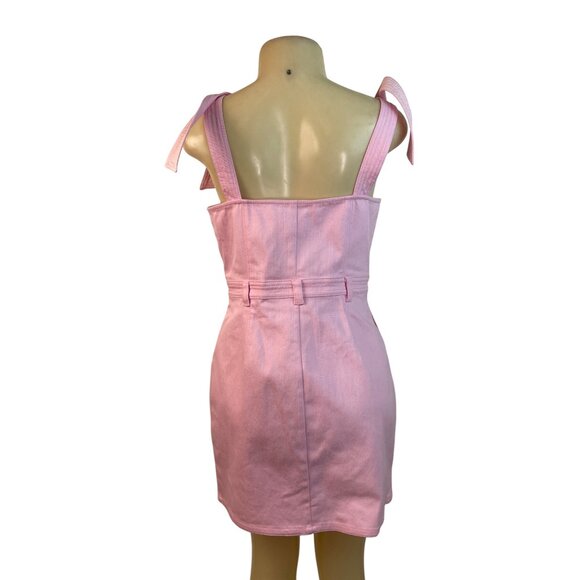 5a7 Pink Button-Front Mini Dress With Tie Straps & Pockets Size 8 - New - Picture 3 of 10